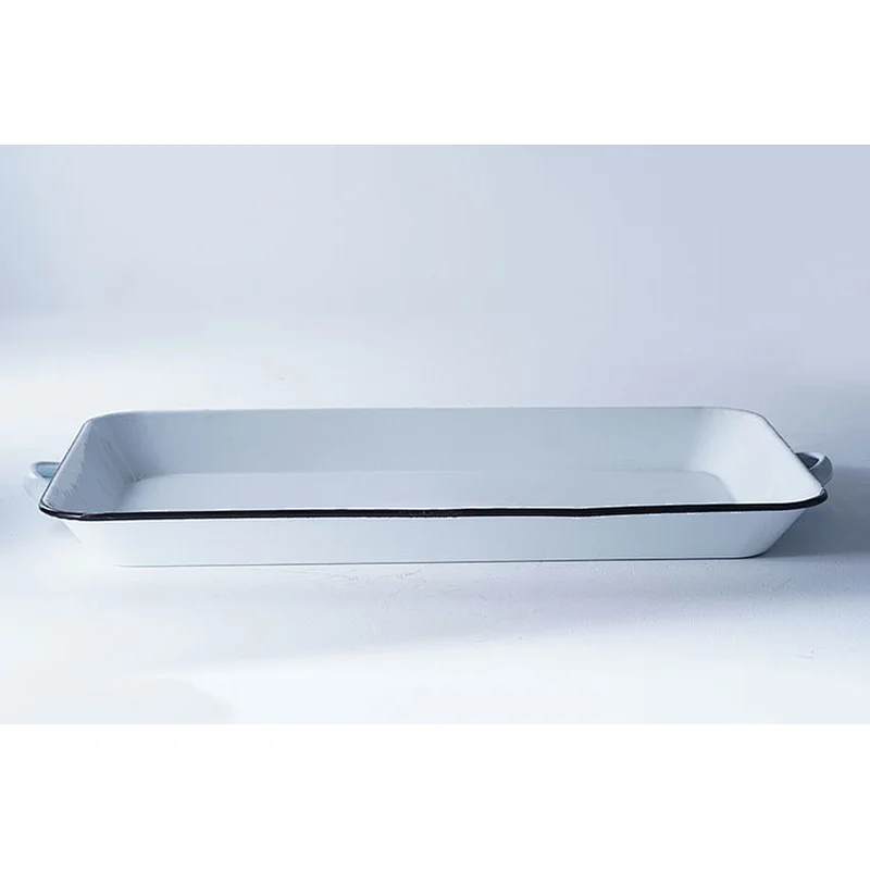 Hot sale durable white rectangular big capacity dinner party carbon steel enameled metal dishes plates with two side handle