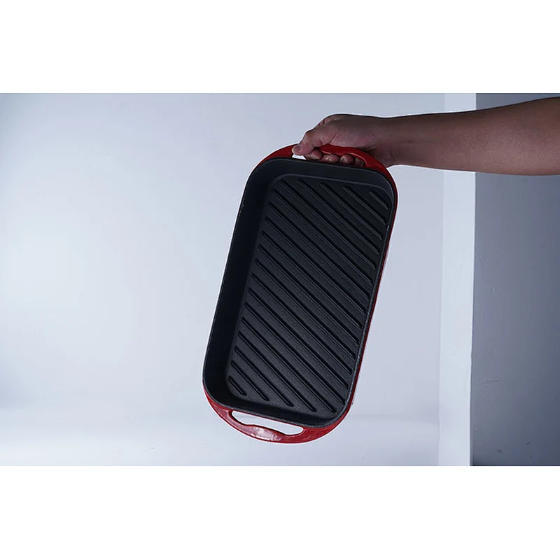 OEM red rectangular big capacity gathering party cast iron cookware enamel non-stick skillet fry pan with two side handles
