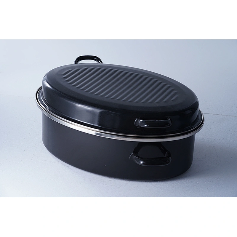 Good quality cookware OEM black multiple sizes carbon steel enamel heavy duty self basting roaster pan pot set with lid