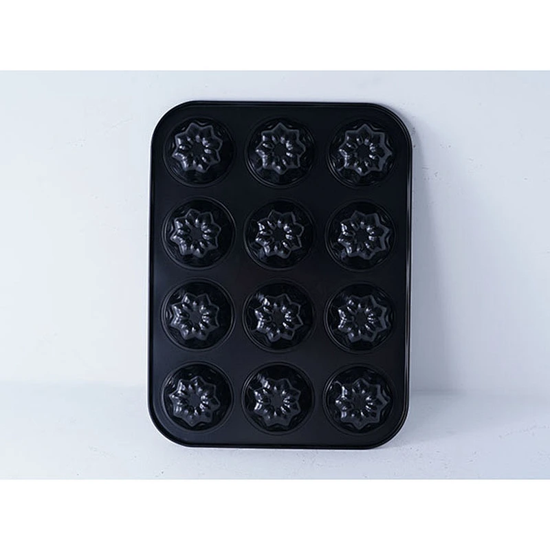 Hot sale OEM ODM 12 holes flower shape carbon steel non stick coating cup cake mold for cake decoration