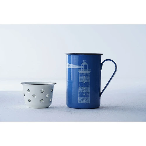 Customized printing body blue fashionable large capacity household office carbon steel enamel metal mug cup with tea filter