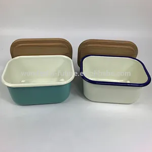 Rectangular Shape Grey Deep Enamel Coating Butter Dish with Wooden Cover