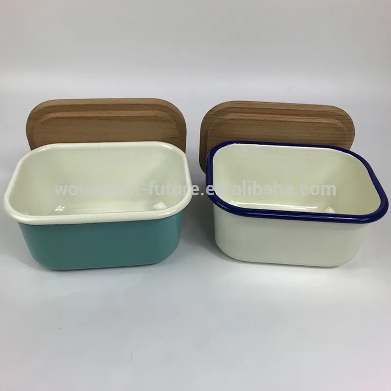 Rectangular Shape Grey Deep Enamel Coating Butter Dish with Wooden Cover