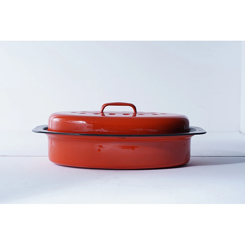 Professional cookware supplier multiple colors available enamel carbon steel chicken roaster pan with lid