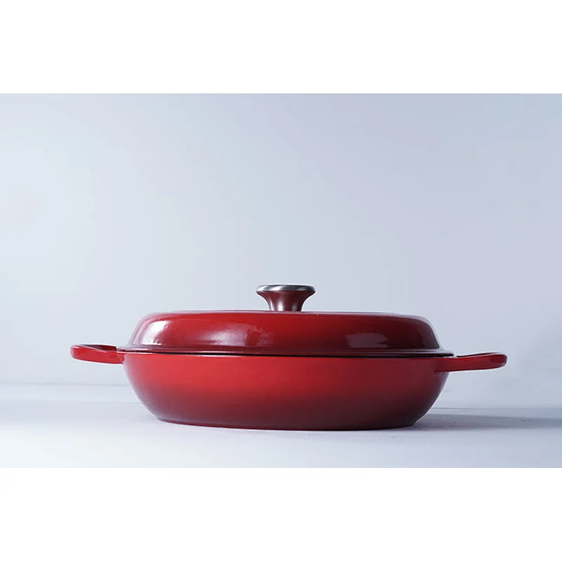 Wholesale good quality competitive price red round kitchen pots cast iron enamel coated cooking shallow pot with lid