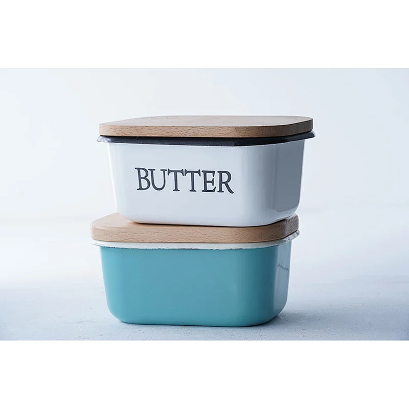 Promotional good quality tableware colorful multiple sizes available carbon steel enamel butter dish with wooden lid