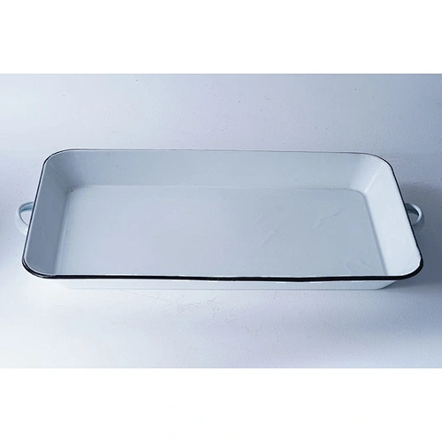 Hot sale durable white rectangular big capacity dinner party carbon steel enameled metal dishes plates with two side handle