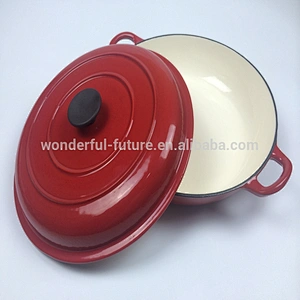 Low large diameter cast iron enamel pot with double handles and bakelite or stainless steel knob