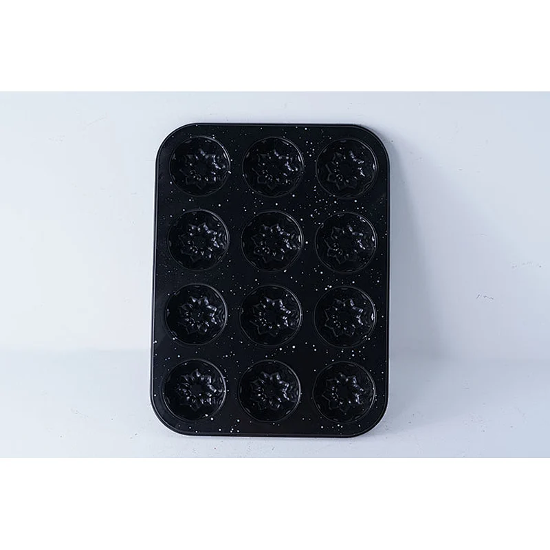 Hot sale OEM ODM 12 holes flower shape carbon steel non stick coating cup cake mold for cake decoration