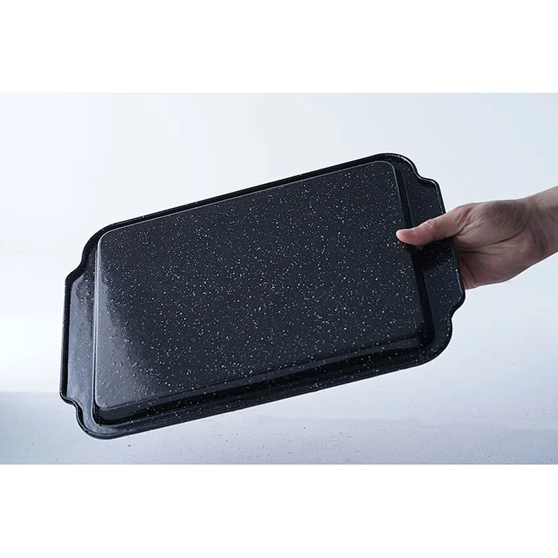 Custom logo available personalized black rectangular carbon steel enamel tray dishes serving plates with two side handles