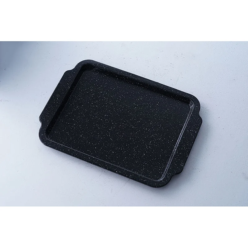 Custom logo available personalized black rectangular carbon steel enamel tray dishes serving plates with two side handles