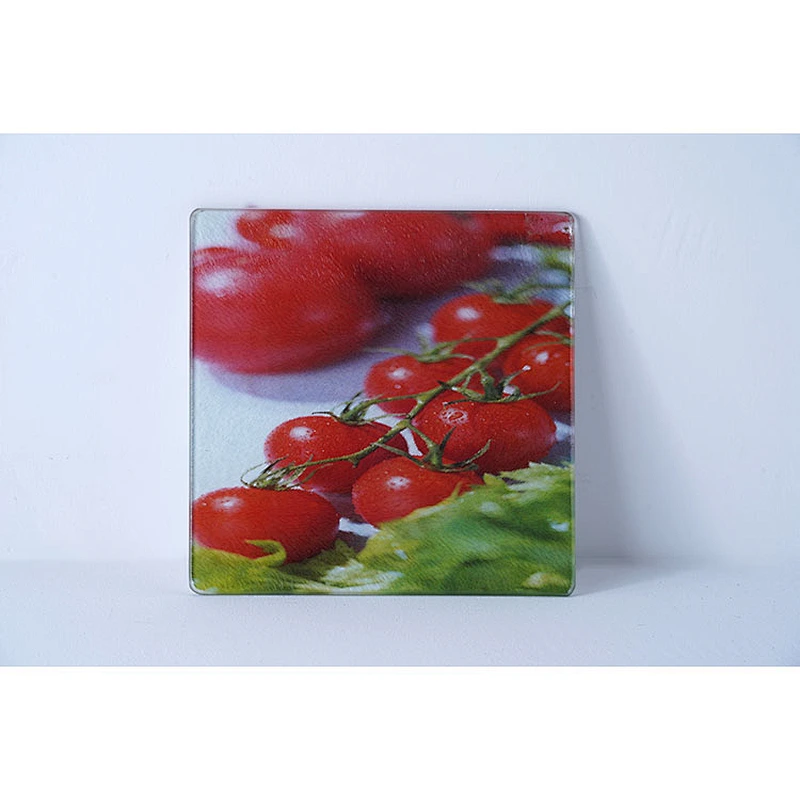 Professional kitchen tools supplier square fruit printed household tempered glass cutting board kitchen chopping board