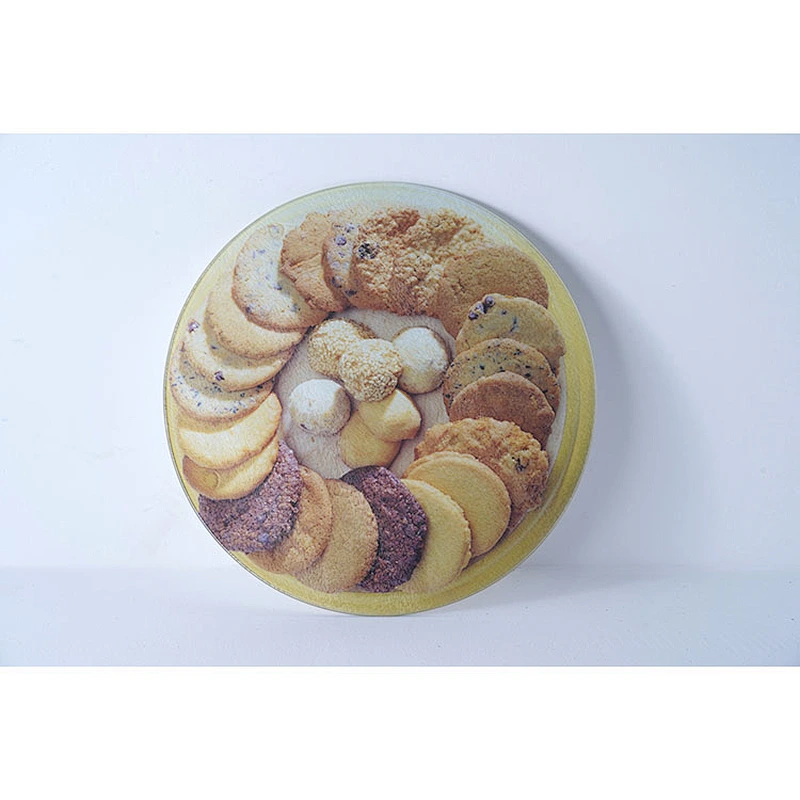 Wholesale kitchen tools customized cookies printed design tempered glass cutting board round chopping board