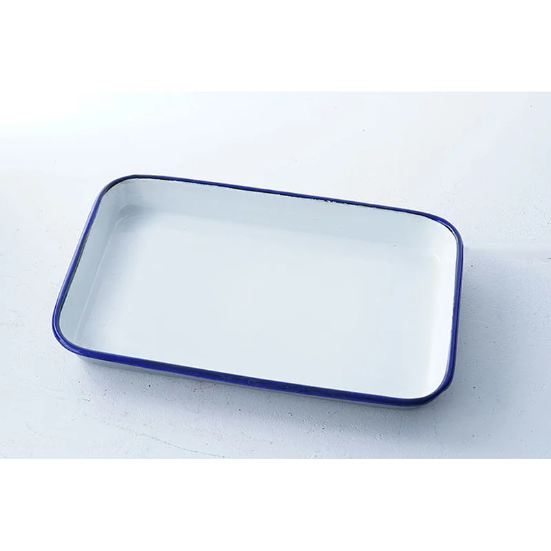 Professional OEM ODM rectangular shallow flat bottom big capacity carbon steel enamel plates serving dishes white