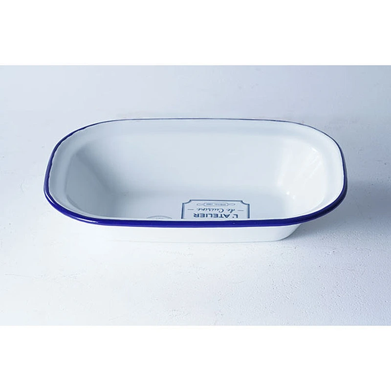 Hot sale custom printing small household white rectangular carbon steel enamel metal camping plate dish