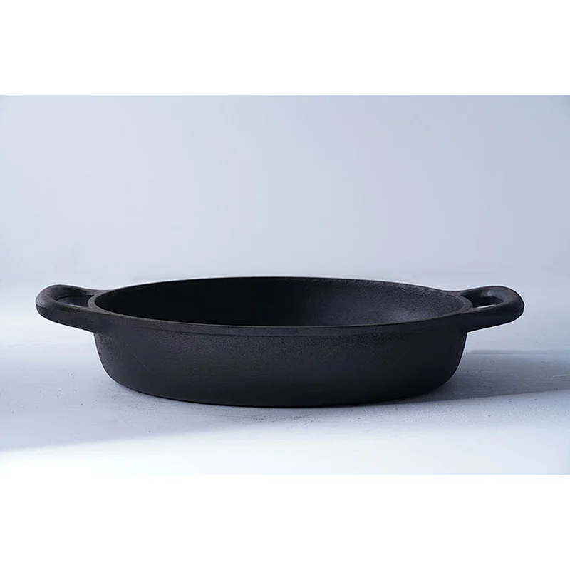 Professional cookware supplier black round two side handles big cast iron preseasoned fry pan non stick with glass lid