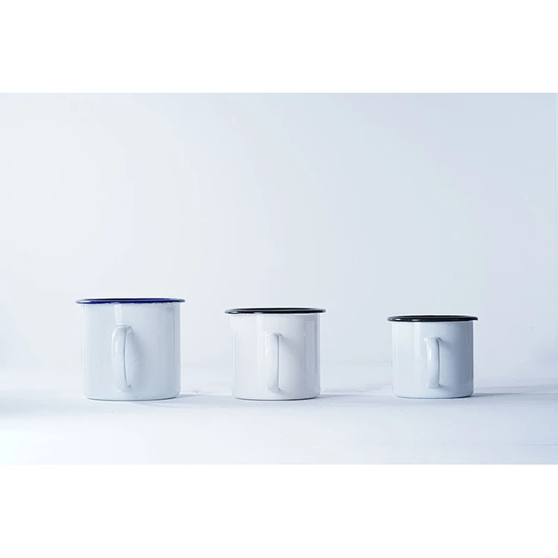 Good quality kitchen supplies classic pattern white multiple sizes carbon steel metal enamel coffee cup enamel mug set with lip
