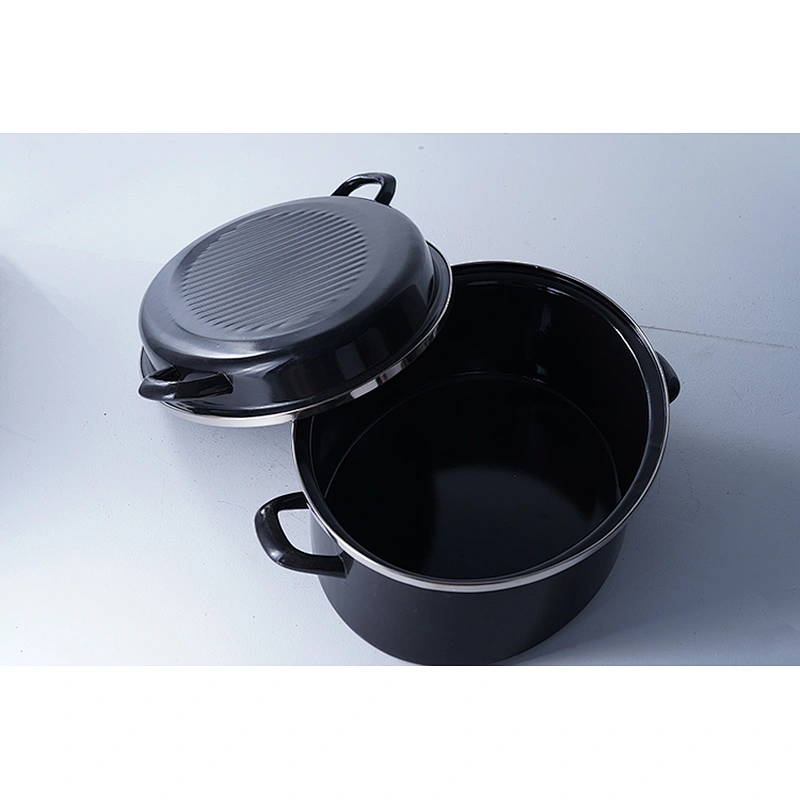 Good quality cookware OEM black multiple sizes carbon steel enamel heavy duty self basting roaster pan pot set with lid