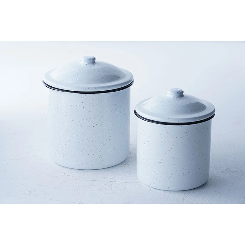 Hot sale white round classic pattern household serving no handle metal carbon steel enamel cup mug with lid