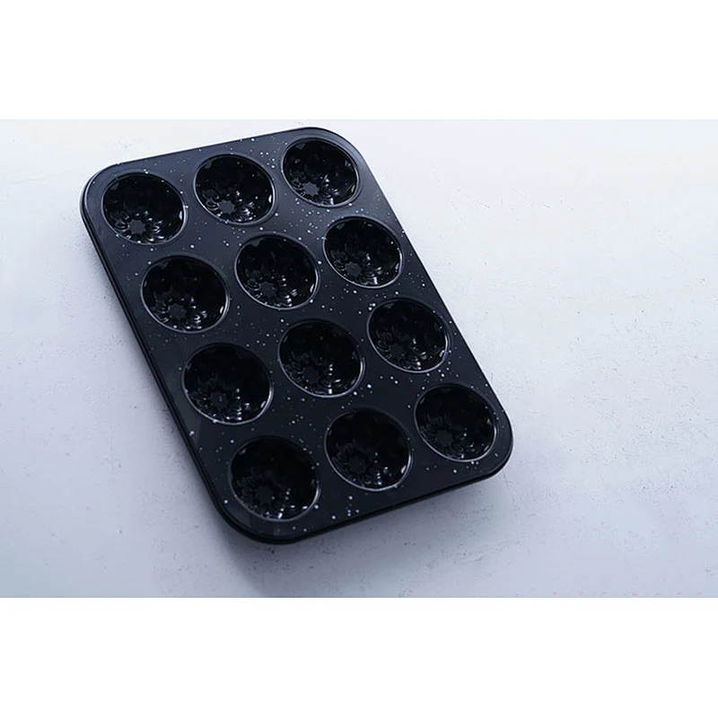 Hot sale OEM ODM 12 holes flower shape carbon steel non stick coating cup cake mold for cake decoration