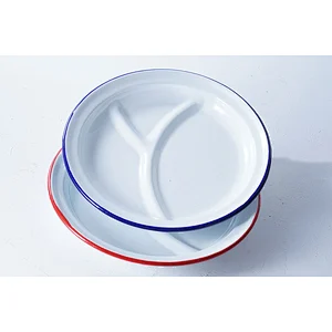 Good quality special design divided dinner plate blue red frame carbon steel enamel plates dishes for restaurant