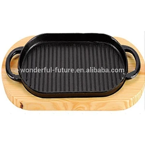 cast iron preseasoned fry pan, skillet set,sizzler plate with birch wood,frying pan with wooden base