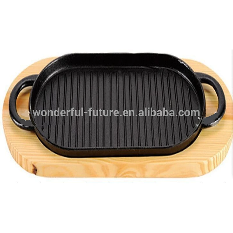 cast iron preseasoned fry pan, skillet set,sizzler plate with birch wood,frying pan with wooden base
