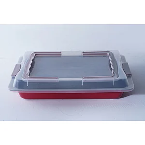 Professional bakeware wholesale red rectangular carbon steel non stick coating oven baking trays with lid