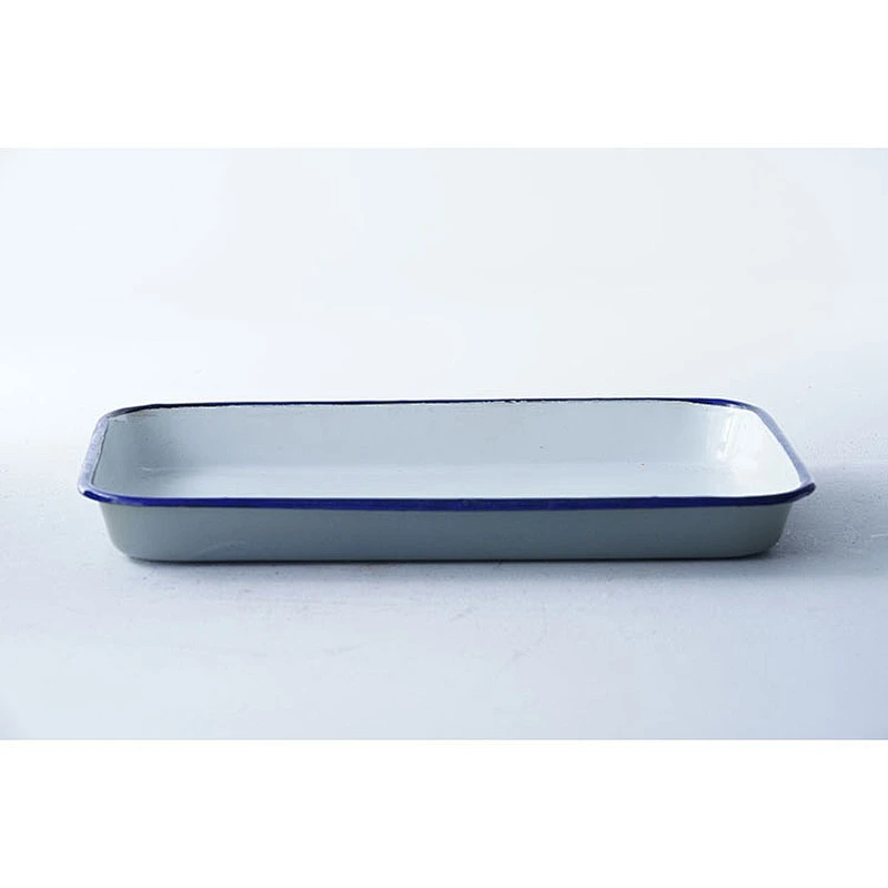 Professional OEM ODM rectangular shallow flat bottom big capacity carbon steel enamel plates serving dishes white
