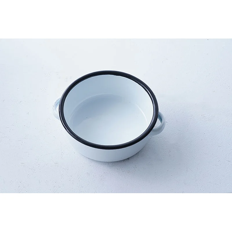 Hot sale multiple sizes available white flat bottom carbon steel enamel metal bowls wholesale with two side handle