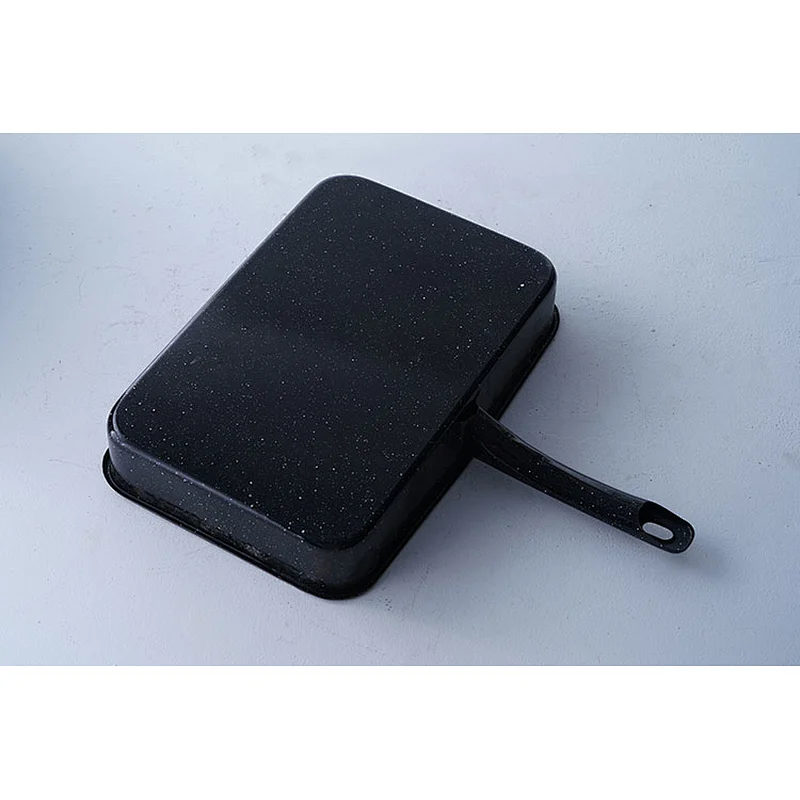 Wholesale custom design carbon steel enamel serving plates black rectangular dishes with handles and net rack