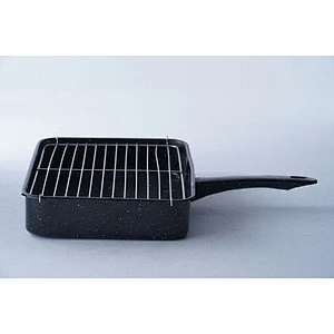Wholesale custom design carbon steel enamel serving plates black rectangular dishes with handles and net rack