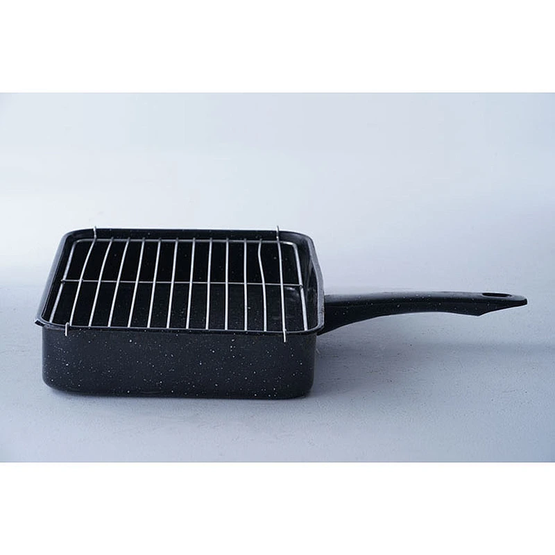 Wholesale custom design carbon steel enamel serving plates black rectangular dishes with handles and net rack