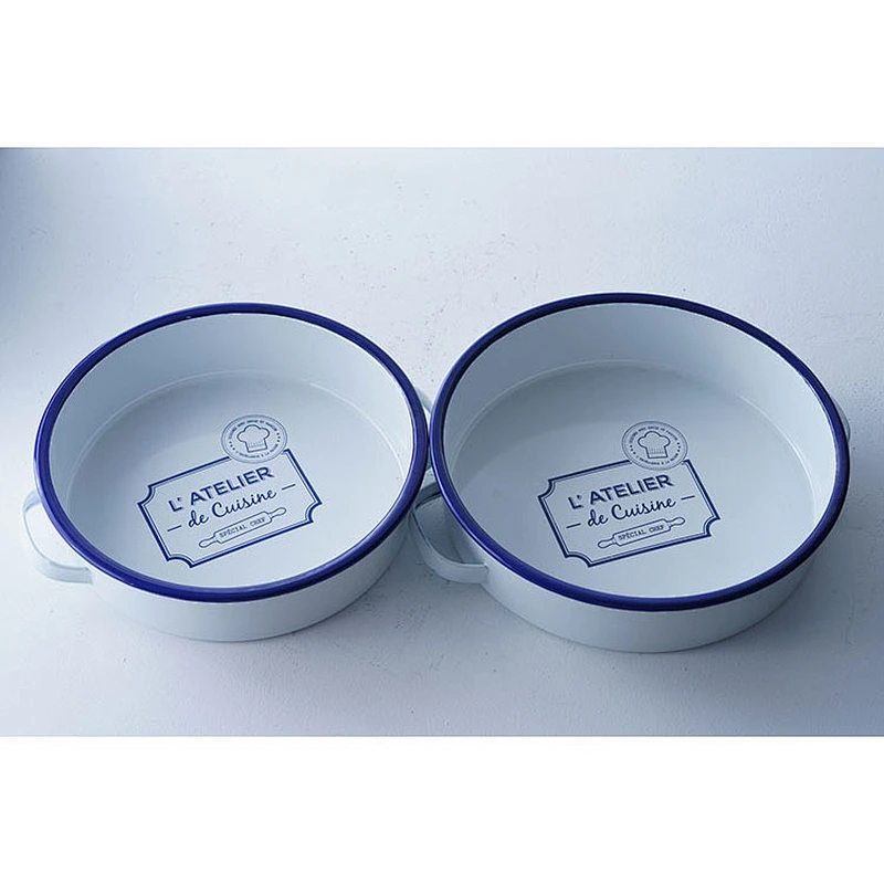 Hot sale personalized printing white round flat bottom carbon steel enamel fruit plate for kids with two side handles