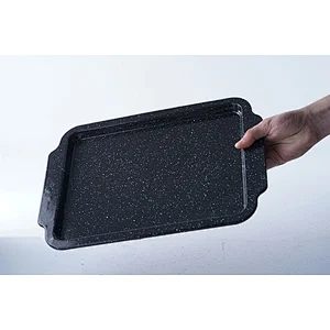 Custom logo available personalized black rectangular carbon steel enamel tray dishes serving plates with two side handles