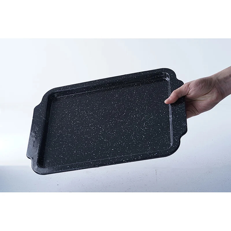 Custom logo available personalized black rectangular carbon steel enamel tray dishes serving plates with two side handles