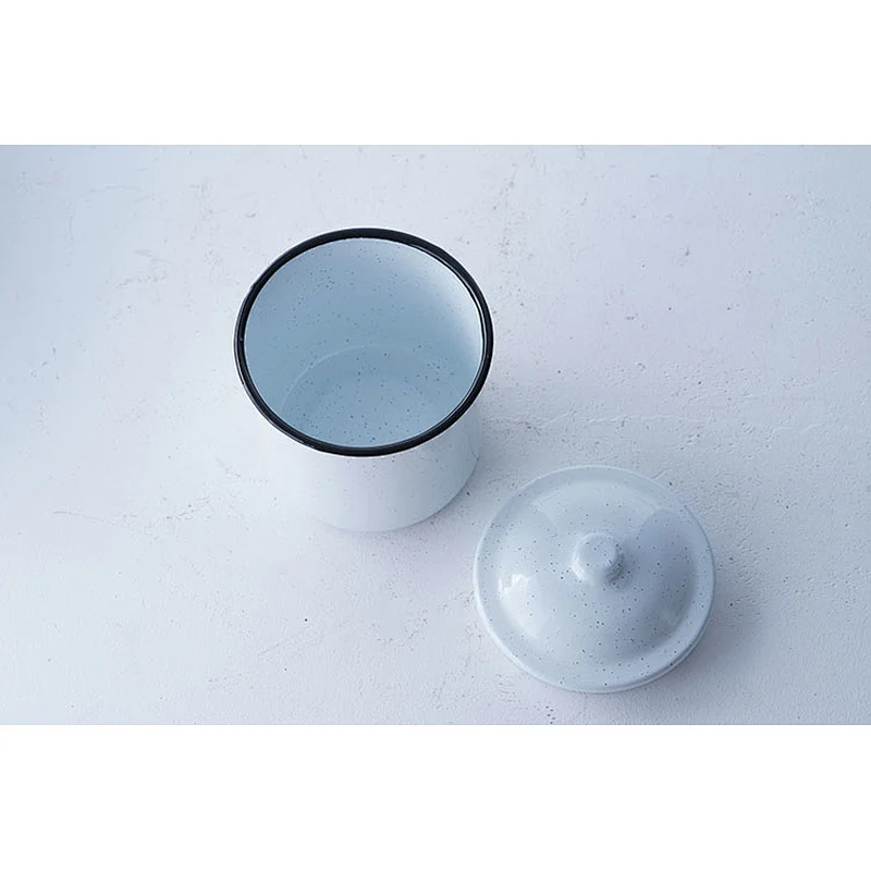 Hot sale white round classic pattern household serving no handle metal carbon steel enamel cup mug with lid