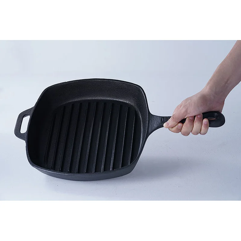 Classic pattern household restaurant universal cookware black square cast-iron preseasoned skillet frying pan with one handles