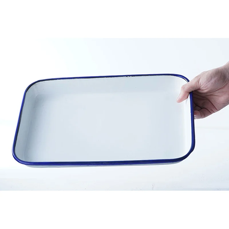 Professional OEM ODM rectangular shallow flat bottom big capacity carbon steel enamel plates serving dishes white