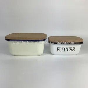 Rectangular Shape Grey Deep Enamel Coating Butter Dish with Wooden Cover