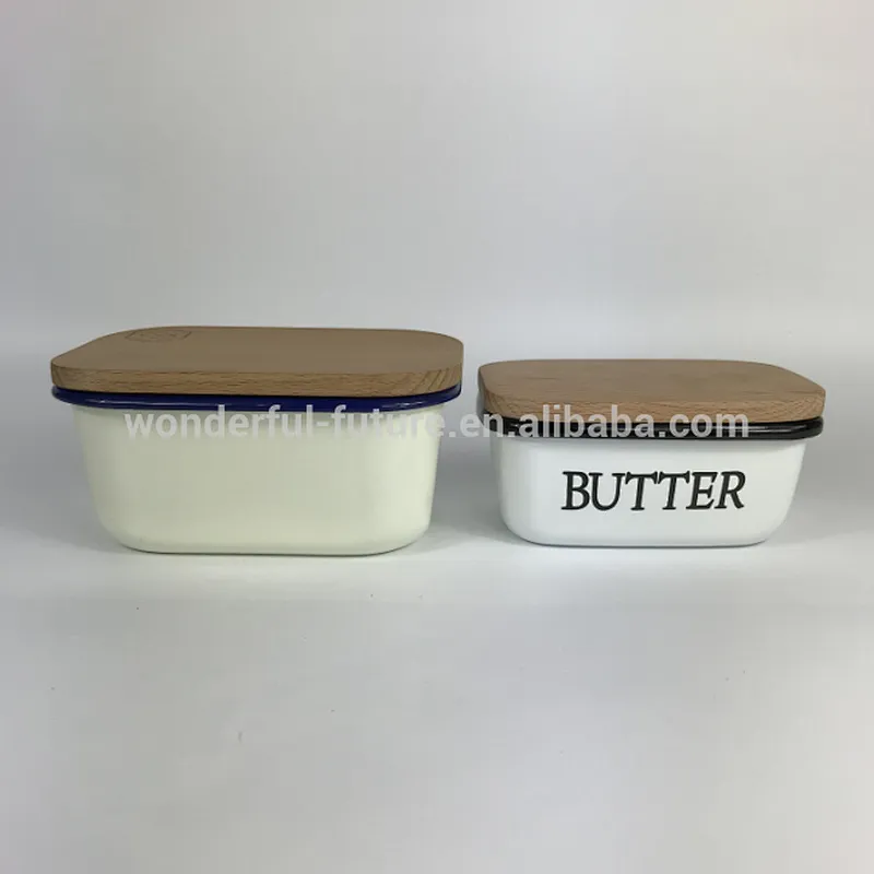 Rectangular Shape Grey Deep Enamel Coating Butter Dish with Wooden Cover