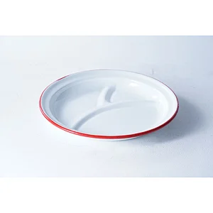 Good quality special design divided dinner plate blue red frame carbon steel enamel plates dishes for restaurant