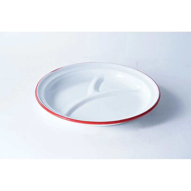 Good quality special design divided dinner plate blue red frame carbon steel enamel plates dishes for restaurant