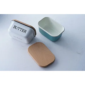 Promotional good quality tableware colorful multiple sizes available carbon steel enamel butter dish with wooden lid
