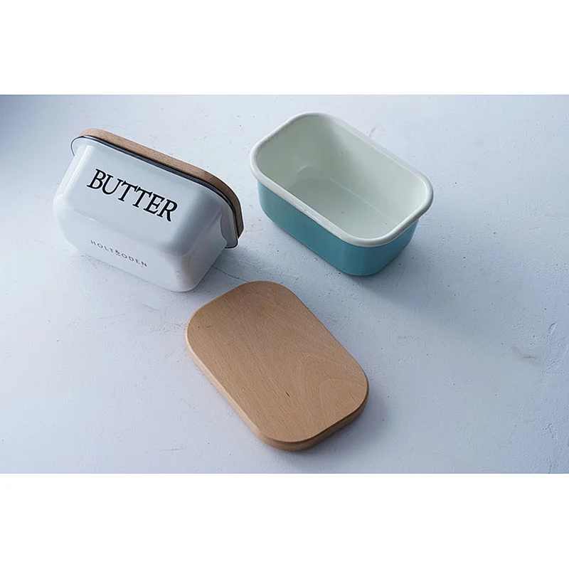 Promotional good quality tableware colorful multiple sizes available carbon steel enamel butter dish with wooden lid