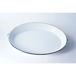 Hot sale high quality white round big capacity flat bottom carbon steel enamel dish plate with two side handles