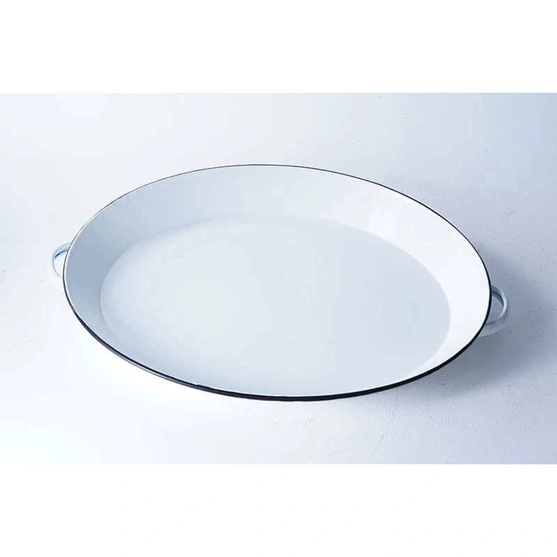 Hot sale high quality white round big capacity flat bottom carbon steel enamel dish plate with two side handles
