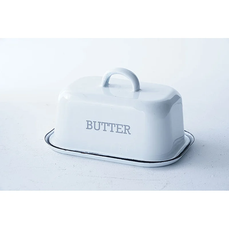 Professional tableware supplier good quality OEM ODM white carbon steel enamel butter dish with lid