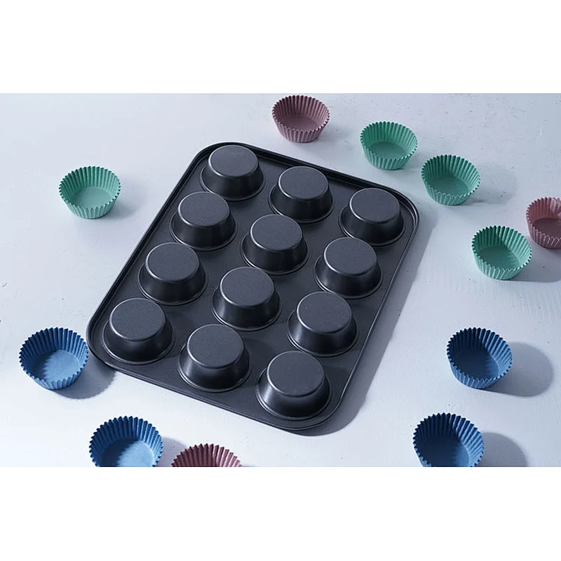 Wholesale good quality 12 pieces round shape muffin form carbon steel cup cake mold non-stick coating bakeware