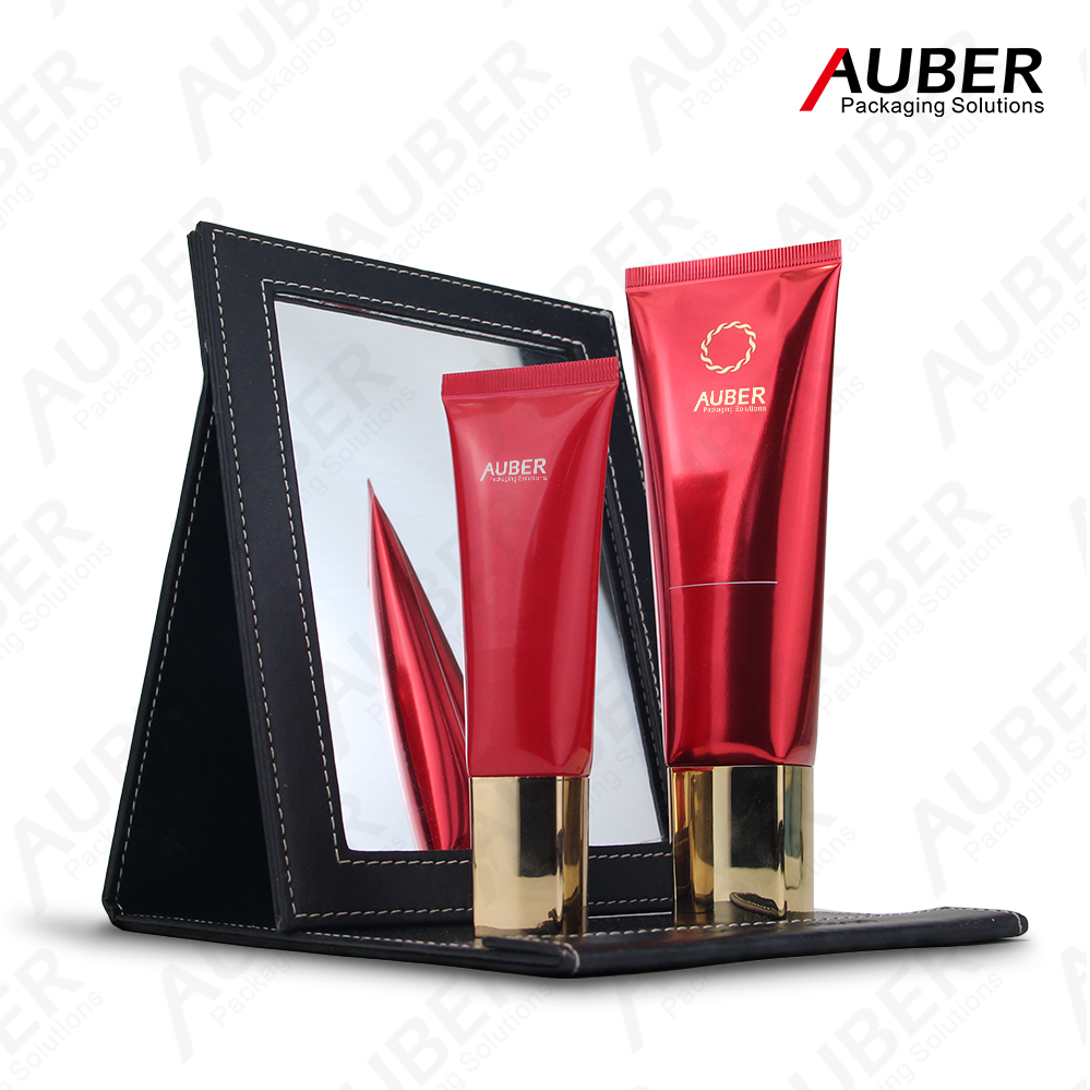 Red high glossy square tube with metallized cap